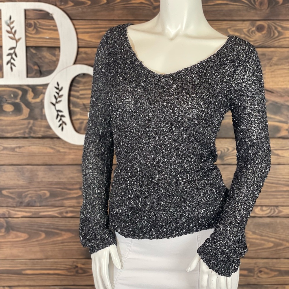Club Monaco | Metallic Shimmer Wool Blend Woven Knit V-Neck Sweater Top Sparkle